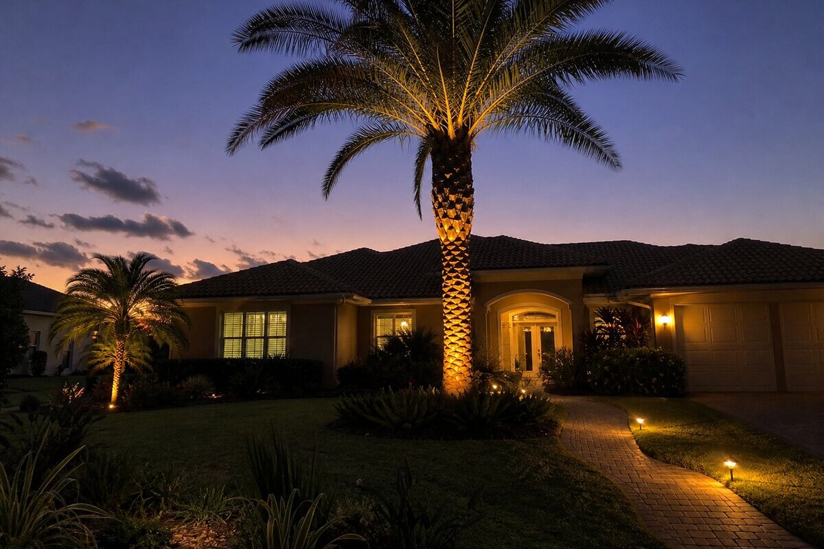 Warm uplighting on a queen palm trunk in front of a Palm Bay ranch-style home at dusk, with a softly lit paver walkway