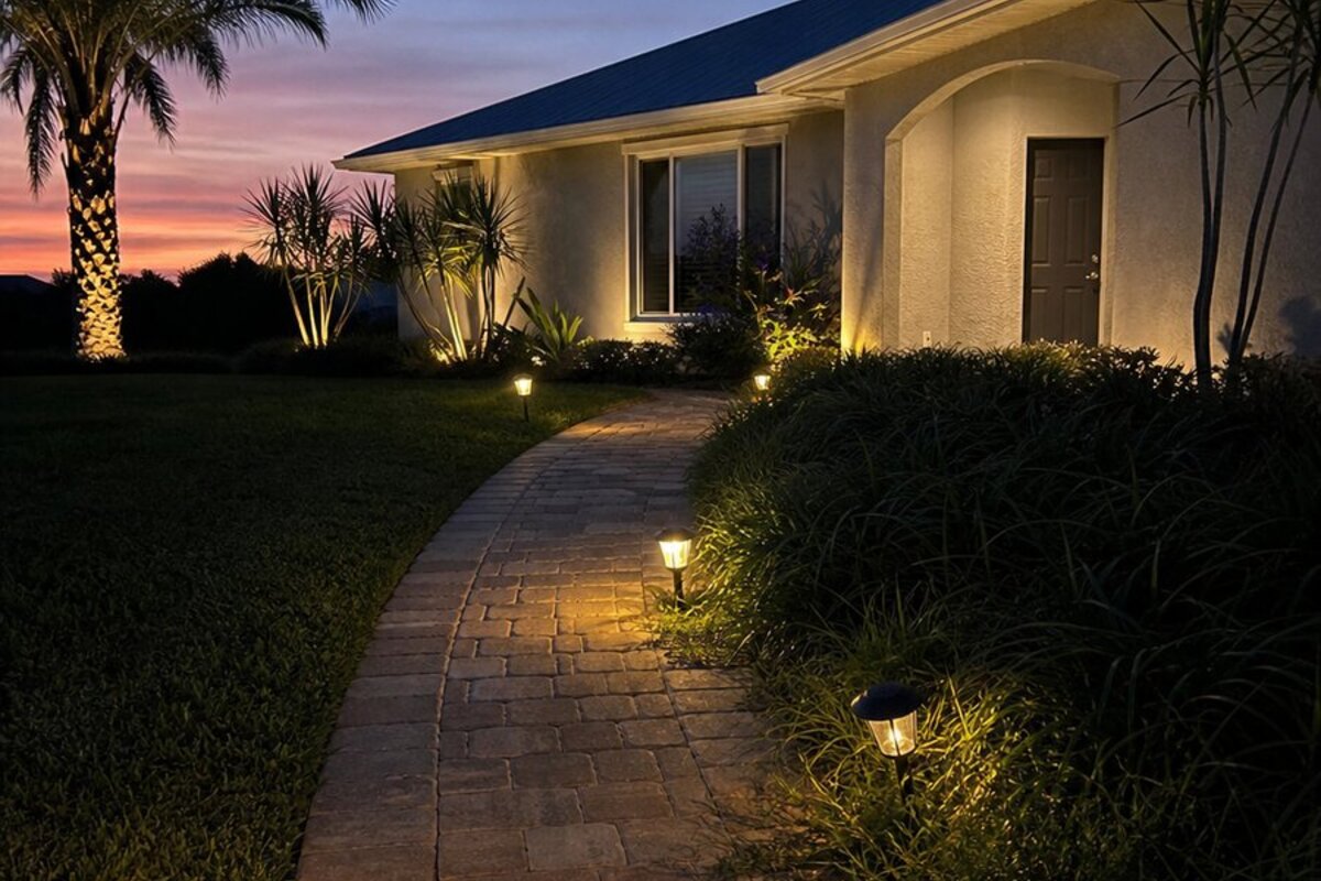 Warm path lighting along a Palm Bay walkway at dusk, one fixture leaning and partially buried in St. Augustine grass